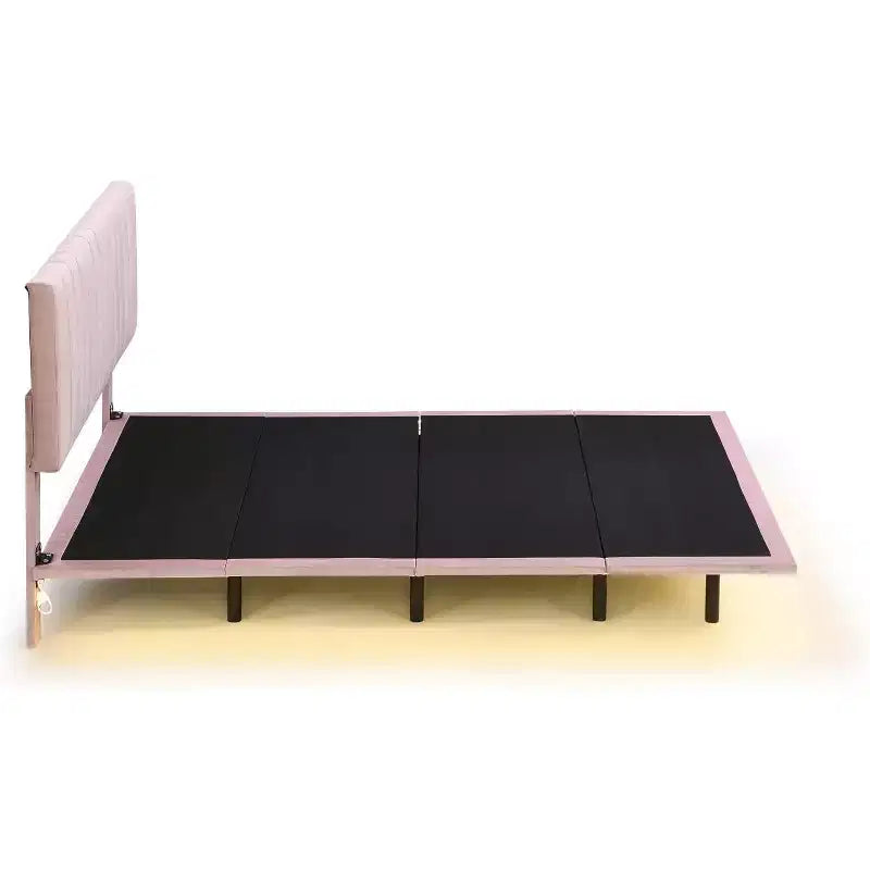 Cadre de lit flottant moderne Acekool Queen Size avec veilleuses à détecteur de mouvement, plateforme rembourrée, silencieux, beige