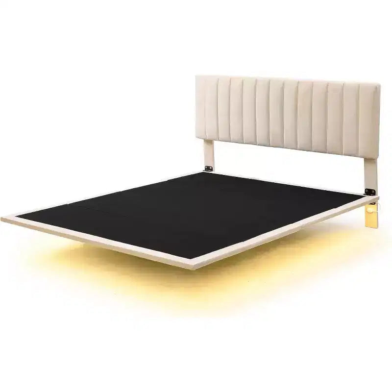 Cadre de lit flottant moderne Acekool Queen Size avec veilleuses à détecteur de mouvement, plateforme rembourrée, silencieux, beige
