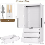 Acekool Armoire 70 Portes en Rotin - Penderie avec 3 Tiroirs et Tringle (Blanc/Noir/Couleur bois)