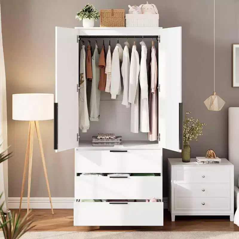 Acekool Armoire 70 Portes en Rotin - Penderie avec 3 Tiroirs et Tringle (Blanc/Noir/Couleur bois)