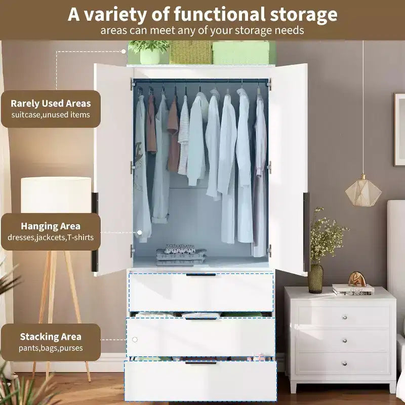 Acekool Armoire 70 Portes en Rotin - Penderie avec 3 Tiroirs et Tringle (Blanc/Noir/Couleur bois)