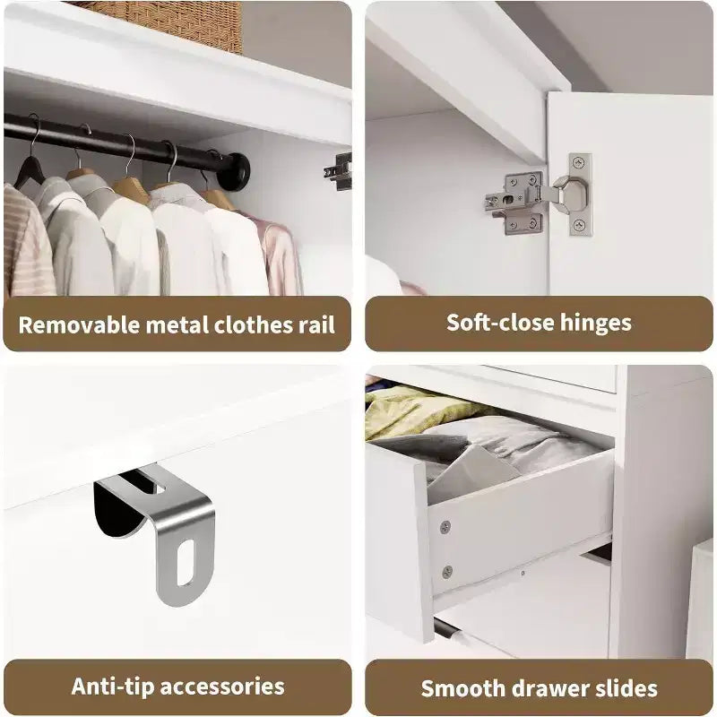 Acekool Armoire 70 Portes en Rotin - Penderie avec 3 Tiroirs et Tringle (Blanc/Noir/Couleur bois)