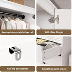 Acekool Armoire 70 Portes en Rotin - Penderie avec 3 Tiroirs et Tringle (Blanc/Noir/Couleur bois)