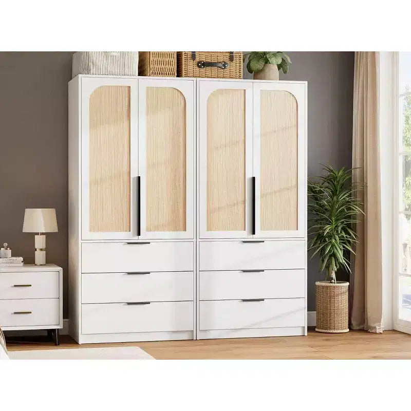 Acekool Armoire 70 Portes en Rotin - Penderie avec 3 Tiroirs et Tringle (Blanc/Noir/Couleur bois)