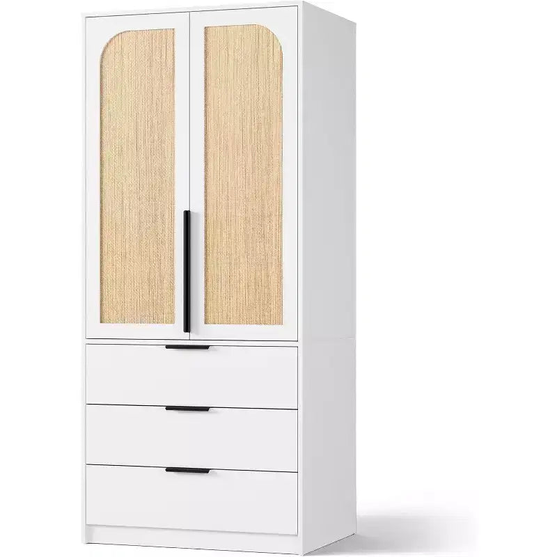 Acekool Armoire 70 Portes en Rotin - Penderie avec 3 Tiroirs et Tringle (Blanc/Noir/Couleur bois)