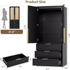 Acekool Armoire 70 Portes en Rotin - Penderie avec 3 Tiroirs et Tringle (Blanc/Noir/Couleur bois)