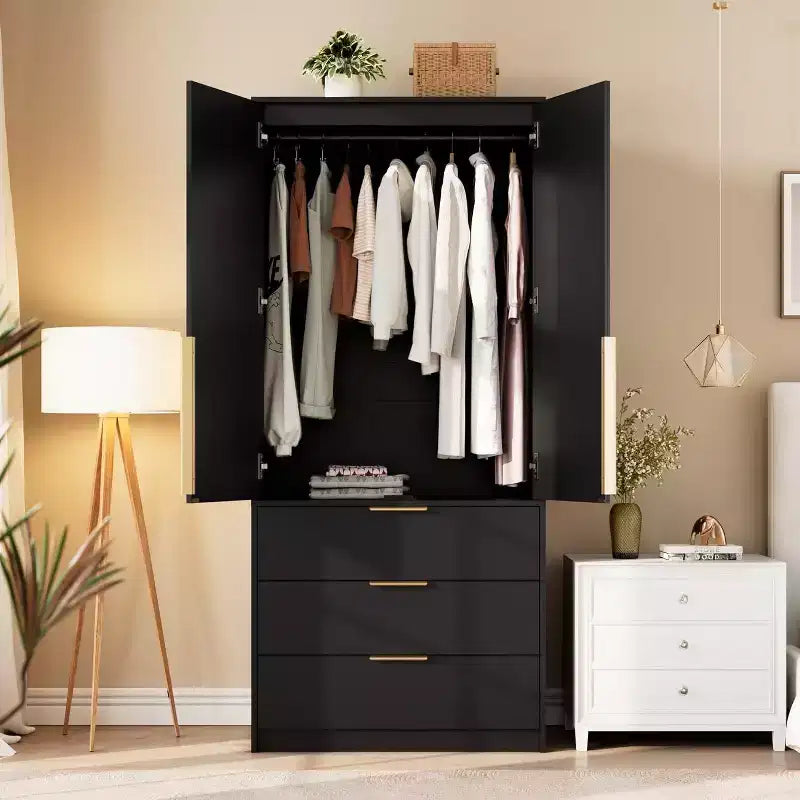 Acekool Armoire 70 Portes en Rotin - Penderie avec 3 Tiroirs et Tringle (Blanc/Noir/Couleur bois)