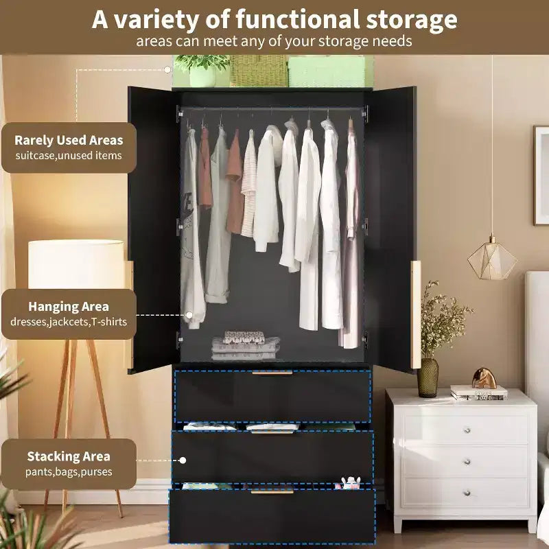 Acekool Armoire 70 Portes en Rotin - Penderie avec 3 Tiroirs et Tringle (Blanc/Noir/Couleur bois)