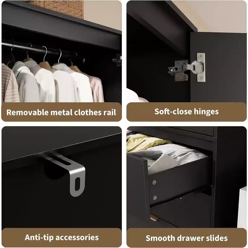 Acekool Armoire 70 Portes en Rotin - Penderie avec 3 Tiroirs et Tringle (Blanc/Noir/Couleur bois)