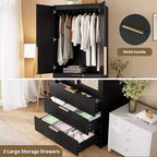 Acekool Armoire 70 Portes en Rotin - Penderie avec 3 Tiroirs et Tringle (Blanc/Noir/Couleur bois)