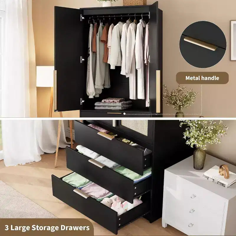 Acekool Armoire 70 Portes en Rotin - Penderie avec 3 Tiroirs et Tringle (Blanc/Noir/Couleur bois)
