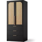 Acekool Armoire 70 Portes en Rotin - Penderie avec 3 Tiroirs et Tringle (Blanc/Noir/Couleur bois)