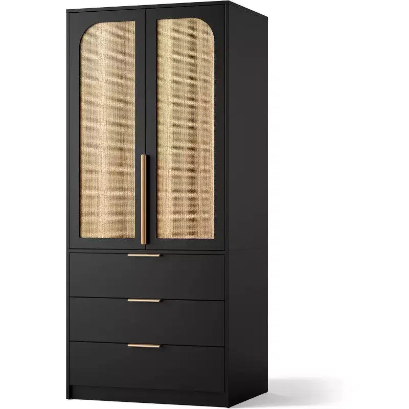 Acekool Armoire 70 Portes en Rotin - Penderie avec 3 Tiroirs et Tringle (Blanc/Noir/Couleur bois)