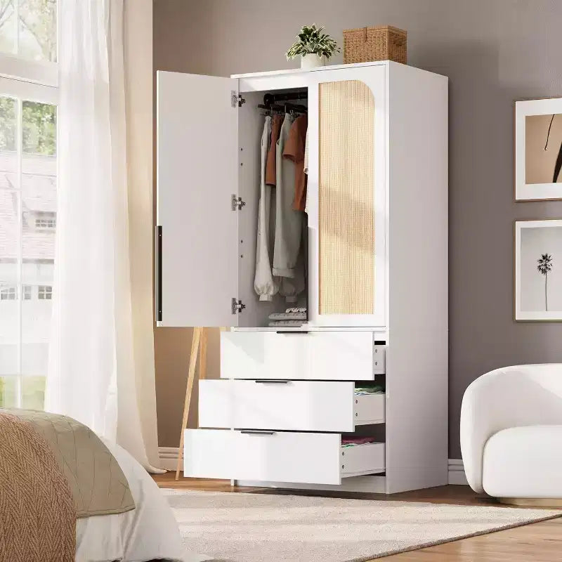 Acekool Armoire 70 Portes en Rotin - Penderie avec 3 Tiroirs et Tringle (Blanc/Noir/Couleur bois)