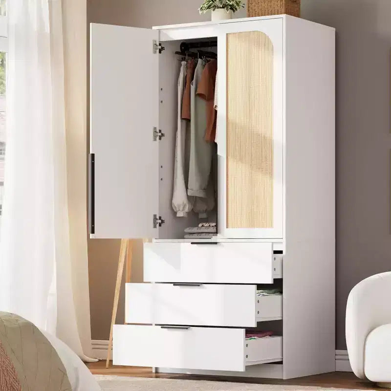 Acekool Armoire 70 Portes en Rotin - Penderie avec 3 Tiroirs et Tringle (Blanc/Noir/Couleur bois)