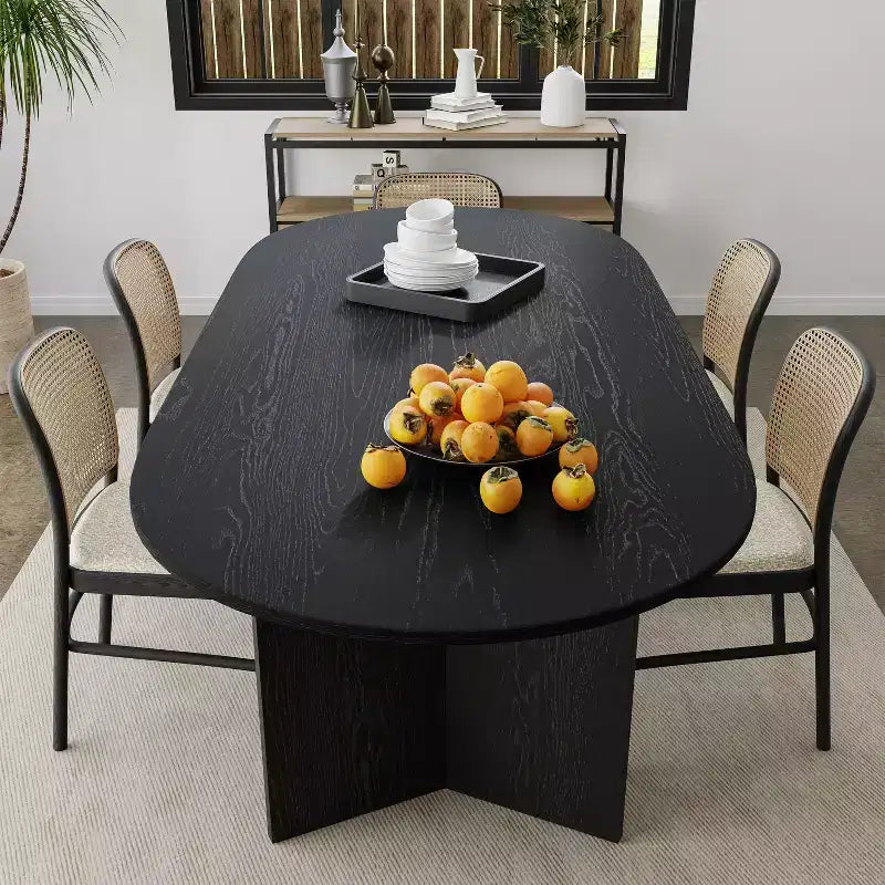 Table de salle à manger de ferme PexFix 67 x 33,5 en bois massif noir avec pieds en V et plateau en bois ovale pour salles à manger modernes et réunions de famille