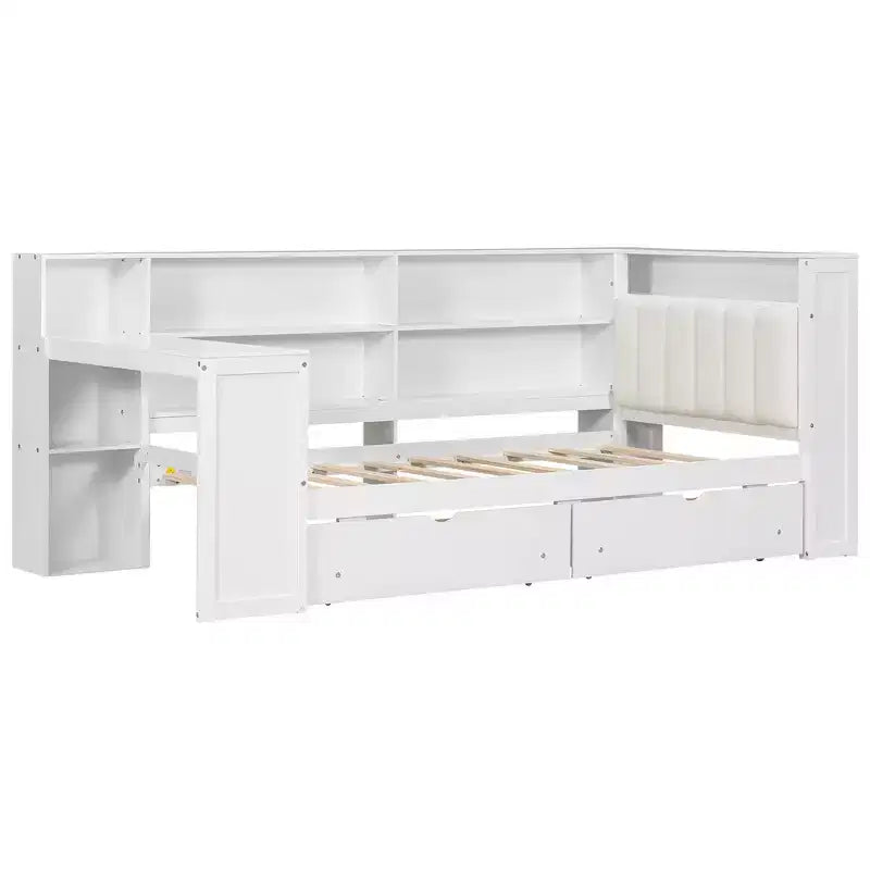 Lit plateforme double Whisen avec étagères de rangement, tiroirs, station de recharge, LED, bureau et tête de lit
