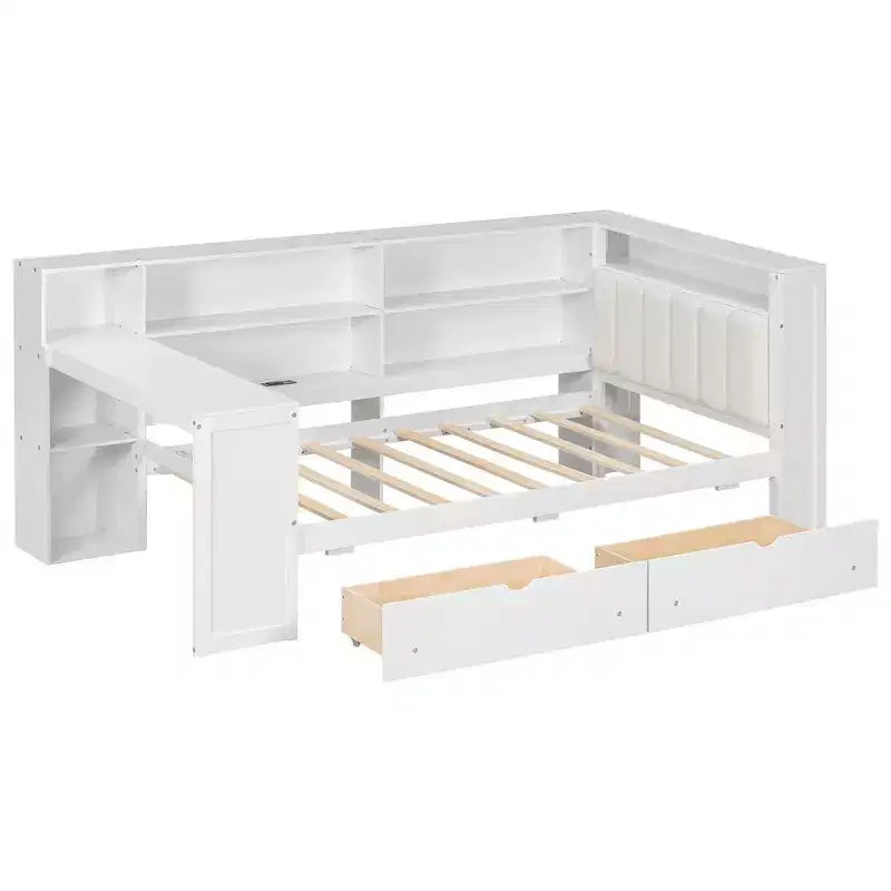 Lit plateforme double Whisen avec étagères de rangement, tiroirs, station de recharge, LED, bureau et tête de lit
