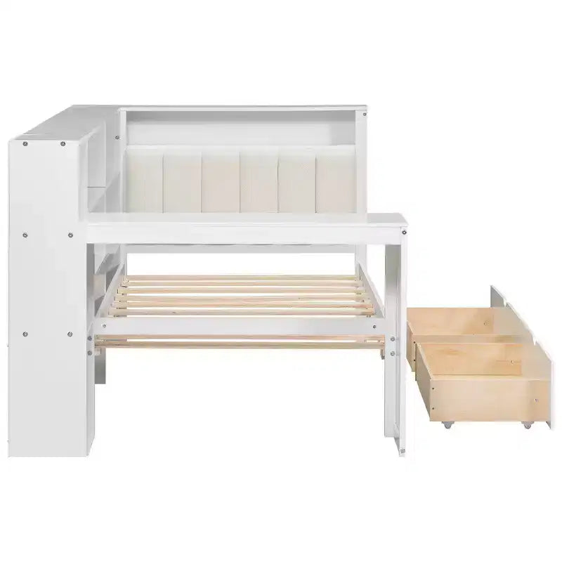 Lit plateforme double Whisen avec étagères de rangement, tiroirs, station de recharge, LED, bureau et tête de lit