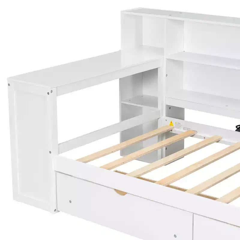 Lit plateforme double Whisen avec étagères de rangement, tiroirs, station de recharge, LED, bureau et tête de lit
