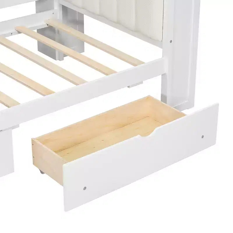 Lit plateforme double Whisen avec étagères de rangement, tiroirs, station de recharge, LED, bureau et tête de lit