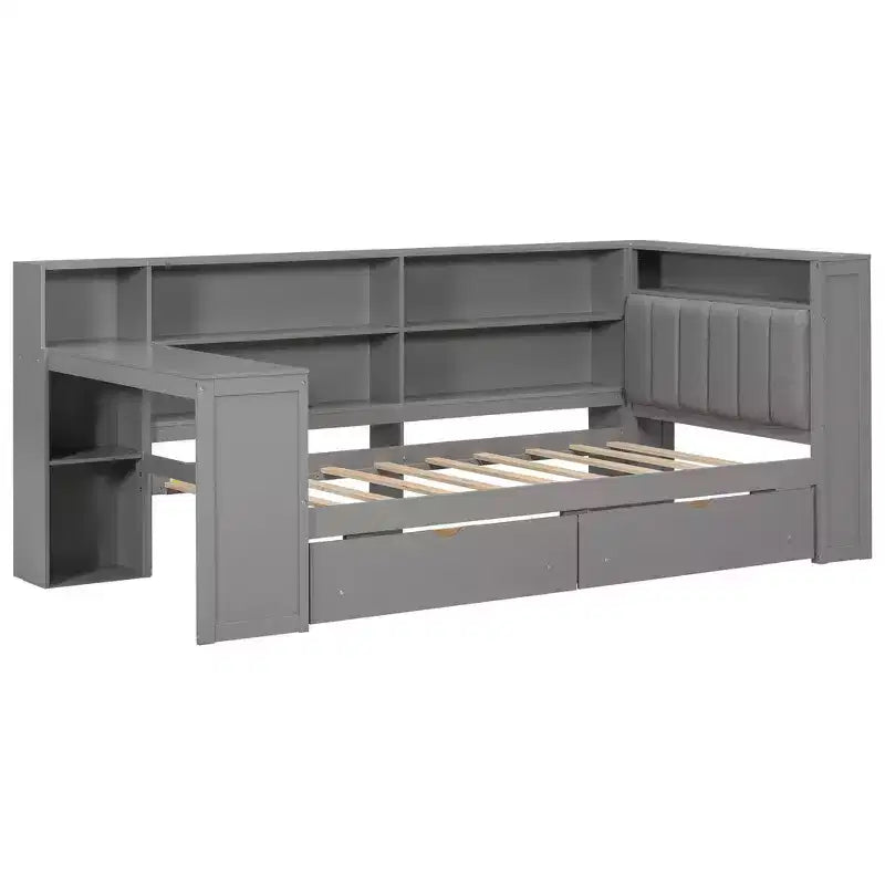 Lit plateforme double Whisen avec étagères de rangement, tiroirs, station de recharge, LED, bureau et tête de lit