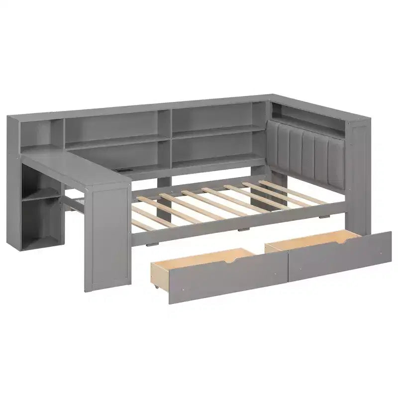 Lit plateforme double Whisen avec étagères de rangement, tiroirs, station de recharge, LED, bureau et tête de lit