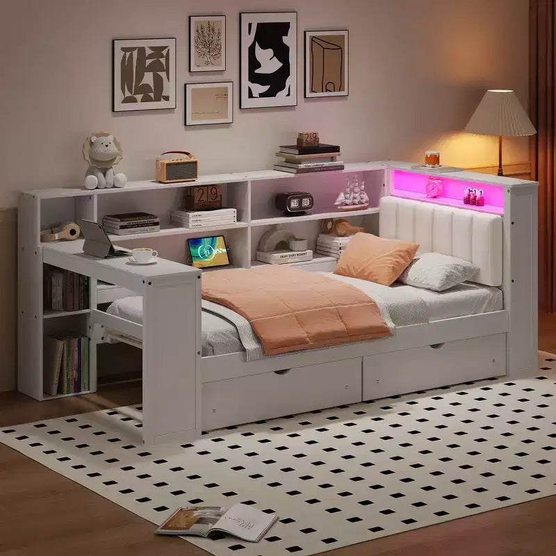 Lit plateforme double Whisen avec étagères de rangement, tiroirs, station de recharge, LED, bureau et tête de lit
