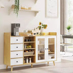 Buffet de style rustique avec étagères ouvertes et 4 tiroirs, grande unité de rangement de 140 cm avec portes vitrées et étagères réglables