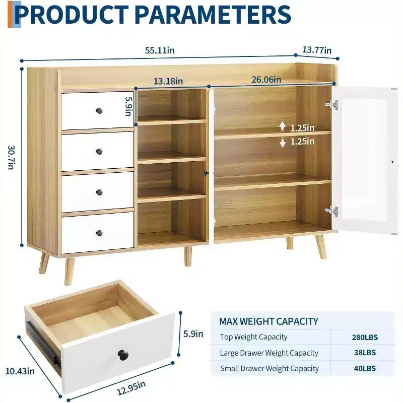 Buffet de style rustique avec étagères ouvertes et 4 tiroirs, grande unité de rangement de 140 cm avec portes vitrées et étagères réglables