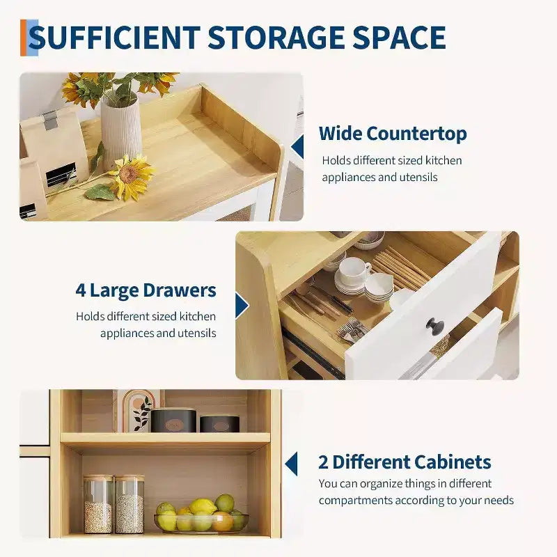 Buffet de style rustique avec étagères ouvertes et 4 tiroirs, grande unité de rangement de 140 cm avec portes vitrées et étagères réglables