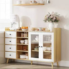 Buffet de style rustique avec étagères ouvertes et 4 tiroirs, grande unité de rangement de 140 cm avec portes vitrées et étagères réglables