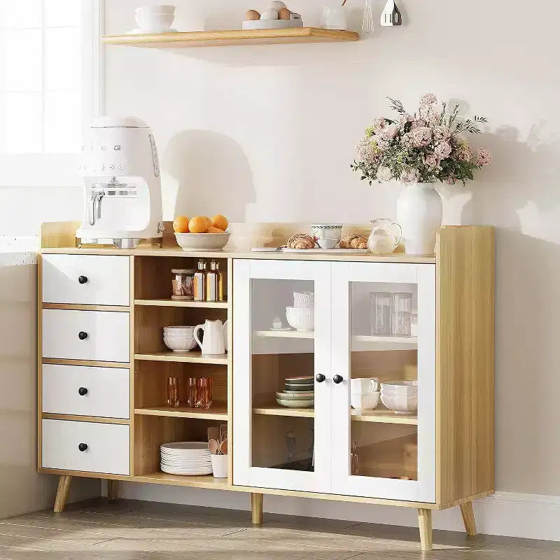 Buffet de style rustique avec étagères ouvertes et 4 tiroirs, grande unité de rangement de 140 cm avec portes vitrées et étagères réglables