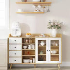 Buffet de style rustique avec étagères ouvertes et 4 tiroirs, grande unité de rangement de 140 cm avec portes vitrées et étagères réglables