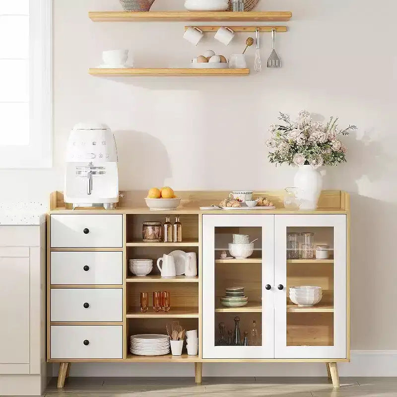 Buffet de style rustique avec étagères ouvertes et 4 tiroirs, grande unité de rangement de 140 cm avec portes vitrées et étagères réglables