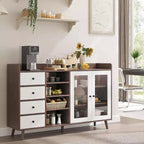Buffet de style rustique avec étagères ouvertes et 4 tiroirs, grande unité de rangement de 140 cm avec portes vitrées et étagères réglables