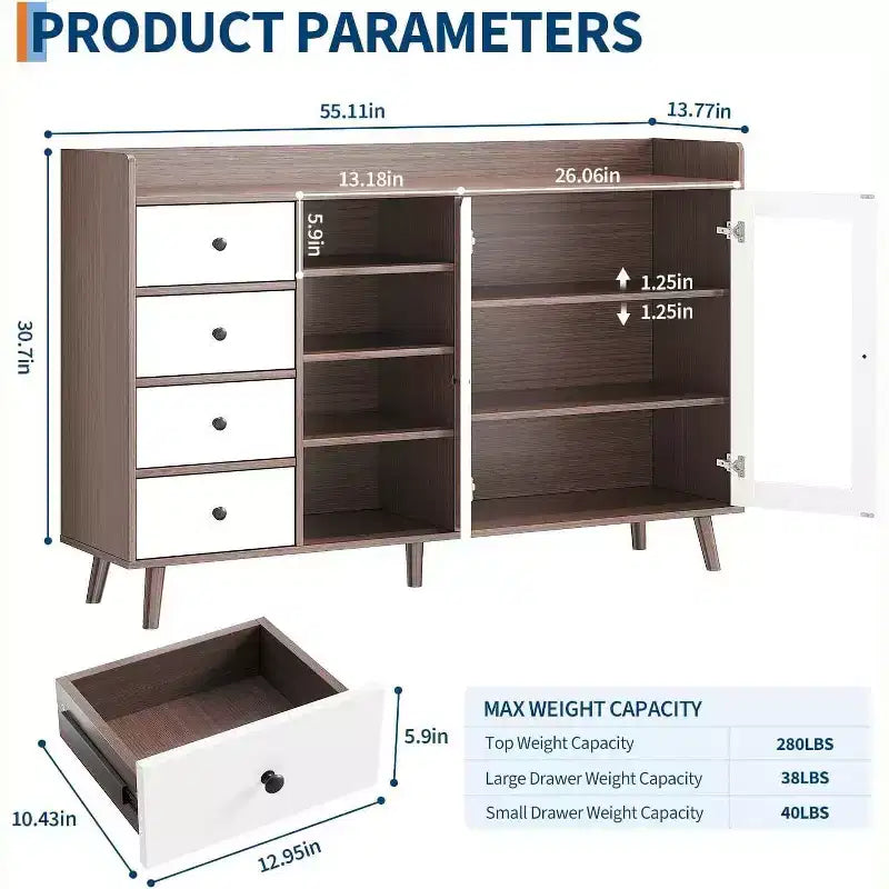 Buffet de style rustique avec étagères ouvertes et 4 tiroirs, grande unité de rangement de 140 cm avec portes vitrées et étagères réglables