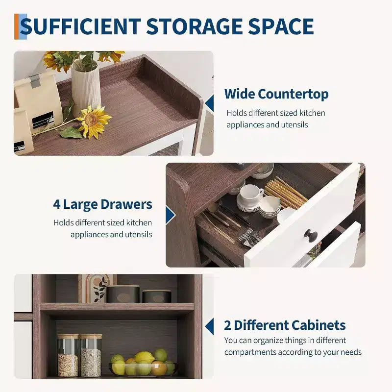 Buffet de style rustique avec étagères ouvertes et 4 tiroirs, grande unité de rangement de 140 cm avec portes vitrées et étagères réglables