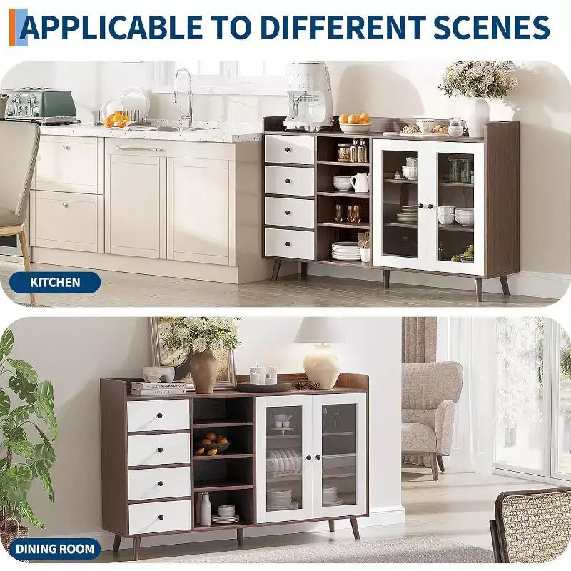 Buffet de style rustique avec étagères ouvertes et 4 tiroirs, grande unité de rangement de 140 cm avec portes vitrées et étagères réglables