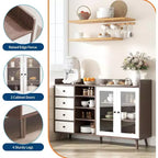 Buffet de style rustique avec étagères ouvertes et 4 tiroirs, grande unité de rangement de 140 cm avec portes vitrées et étagères réglables