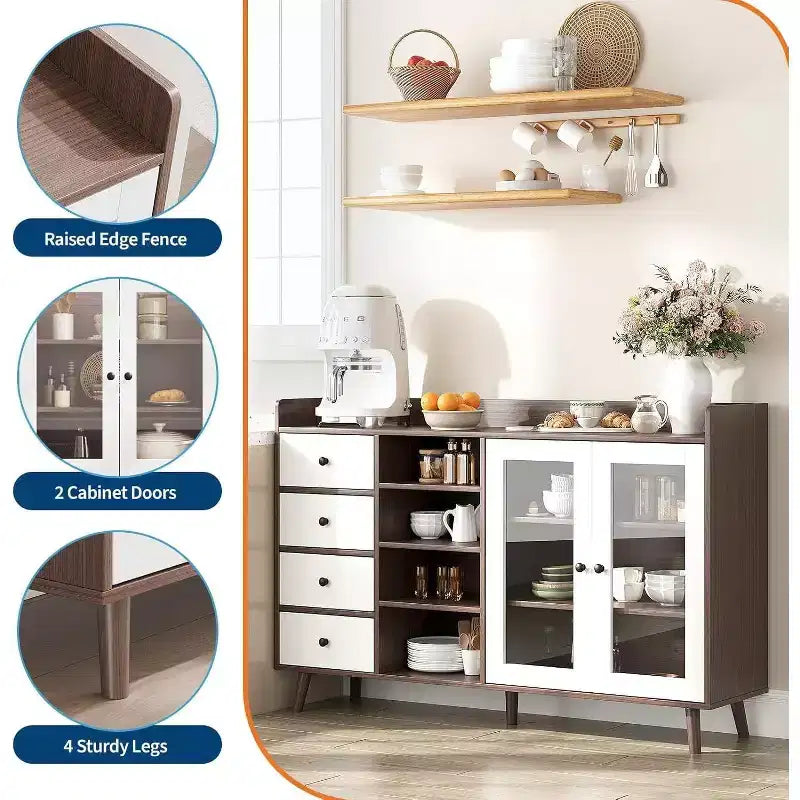 Buffet de style rustique avec étagères ouvertes et 4 tiroirs, grande unité de rangement de 140 cm avec portes vitrées et étagères réglables