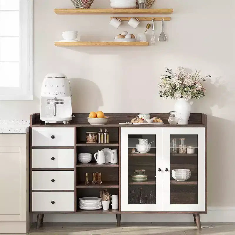 Buffet de style rustique avec étagères ouvertes et 4 tiroirs, grande unité de rangement de 140 cm avec portes vitrées et étagères réglables