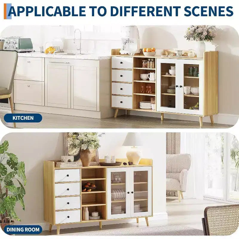 Buffet de style rustique avec étagères ouvertes et 4 tiroirs, grande unité de rangement de 140 cm avec portes vitrées et étagères réglables