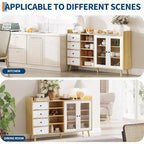 Buffet de style rustique avec étagères ouvertes et 4 tiroirs, grande unité de rangement de 140 cm avec portes vitrées et étagères réglables