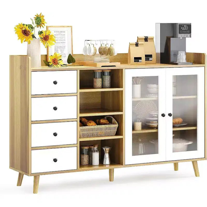 Buffet de style rustique avec étagères ouvertes et 4 tiroirs, grande unité de rangement de 140 cm avec portes vitrées et étagères réglables