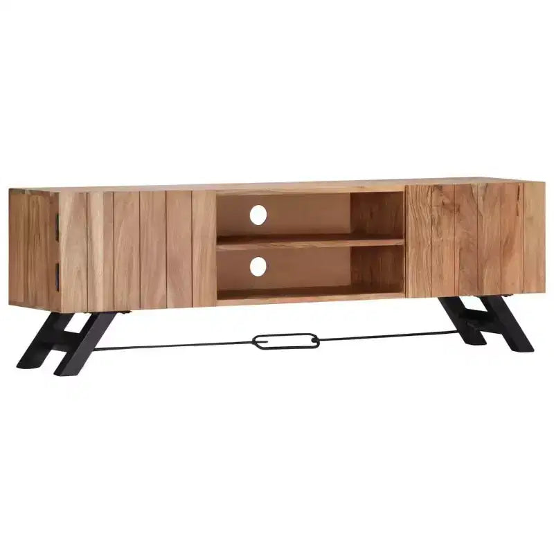 Meuble TV vidaXL, Meuble TV avec portes en bois d'acacia massif, Meuble TV rustique fait main avec compartiments, Meuble multimédia poli et laqué