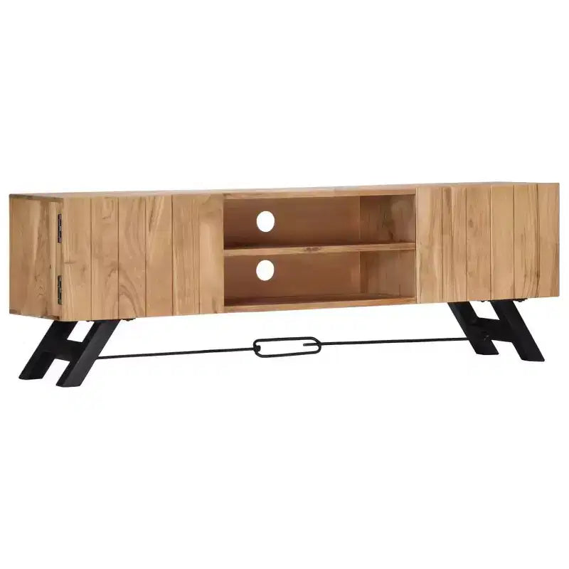 Meuble TV vidaXL, Meuble TV avec portes en bois d'acacia massif, Meuble TV rustique fait main avec compartiments, Meuble multimédia poli et laqué