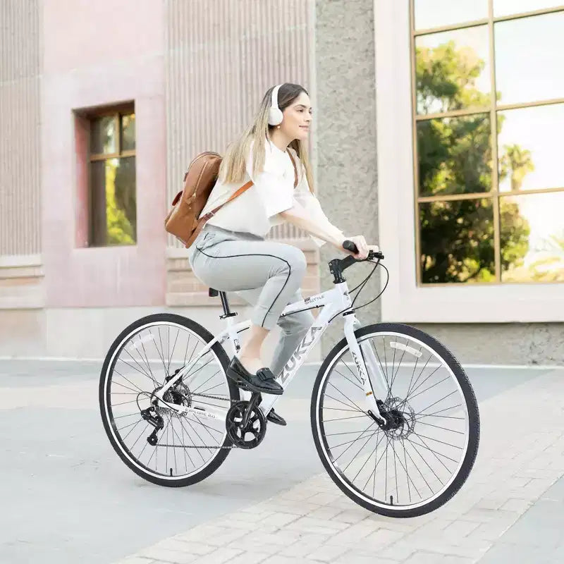 NAYSAYE Vélo VTT hybride 7 vitesses Cadre en aluminium Freins à double disque pour adultes et enfants, 64,57*25,19*37,79
