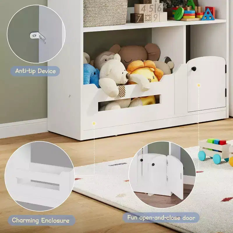 Étagère à livres Acekool 2 niveaux pour enfants, organisateur de livres et de jouets en forme de maison avec lumière à détecteur de mouvement, étagère de rangement en bois pour chambre à coucher ou salle de jeux