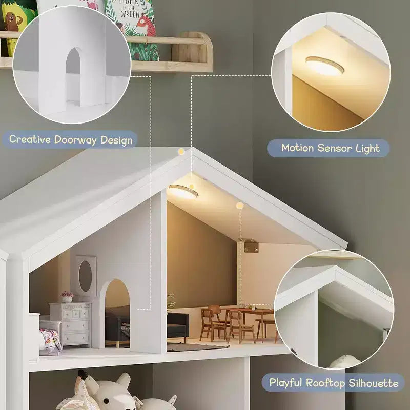 Étagère à livres Acekool 2 niveaux pour enfants, organisateur de livres et de jouets en forme de maison avec lumière à détecteur de mouvement, étagère de rangement en bois pour chambre à coucher ou salle de jeux